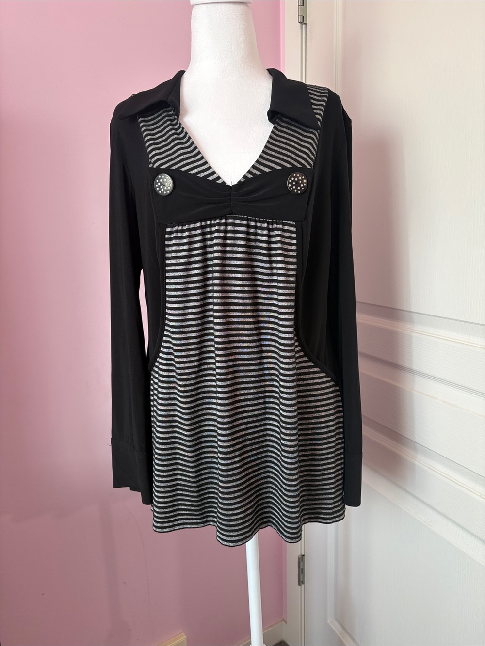 Bali Black & White Striped Faux-Layer Long Sleeve Top